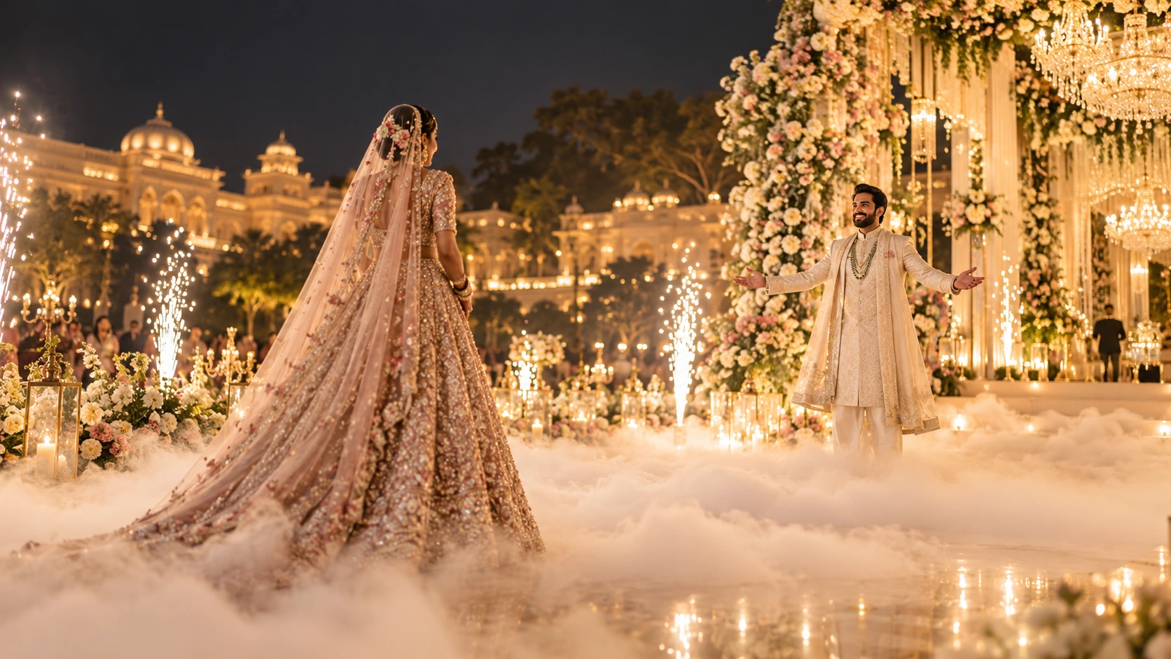 Bride entrance with low fog and sparkling special effects, welcomed by the groom